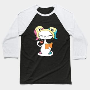 Cute Cat Enjoying Coffee and Reading Book Baseball T-Shirt